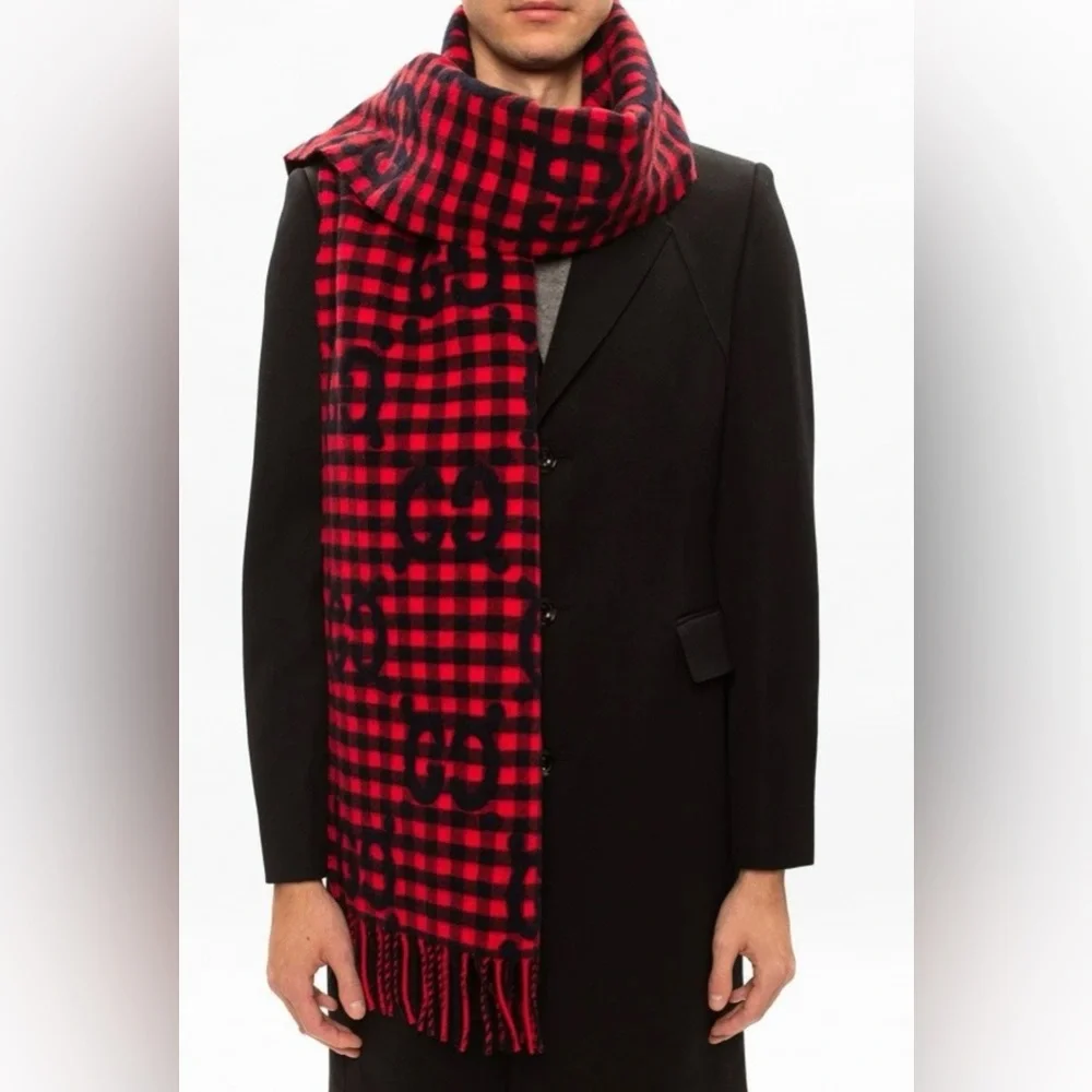 Gucci 644365 Red Blue Wool Jacquard Check GG Diamcheck Logo UNISEX Fringe Scarf - Picture 9 of 12